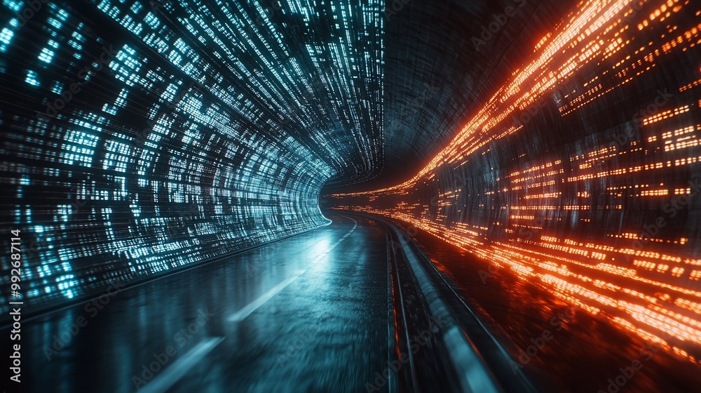 Abstract tunnel with glowing binary code on the walls. Abstract tunnel with glowing binary code on the walls.