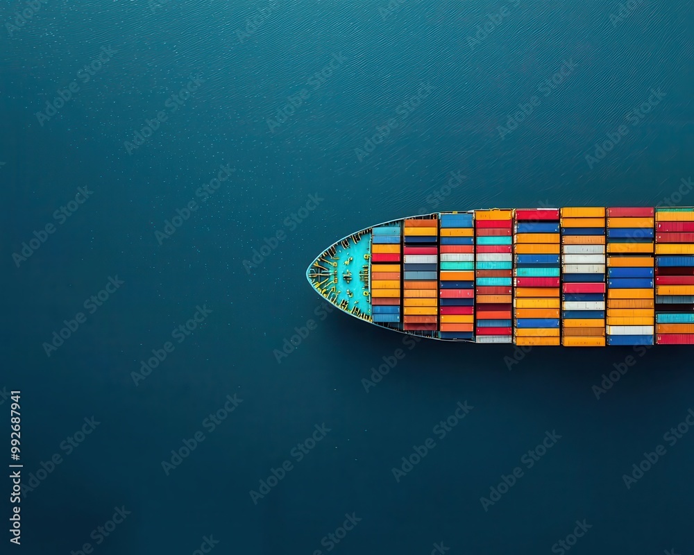 Top view of cargo ship deck, containers organized, logistics team managing operations, calm ocean surroundings Top view of cargo ship deck, containers organized, logistics team managing operations, calm ocean surroundings