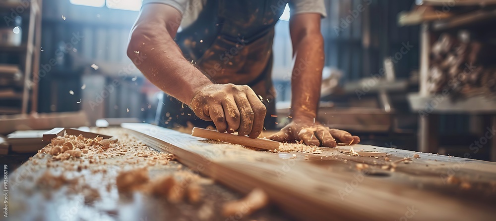 A carpenter crafting a piece of furniture with precision and skill in a woodworking workshop A carpenter crafting a piece of furniture with precision and skill in a woodworking workshop