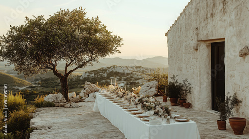 a wedding feast, rehearsal dinner on long white clothed communal table in scenic Italy mountain landscape, sunset valleys and warm skies view. rural wedding party table event planning design