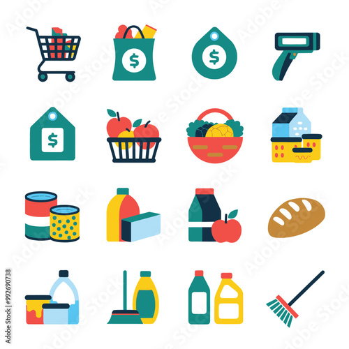 illustrations vector sale offer supper market items icon  for juice and basket ,label ,price , fruits , others 
