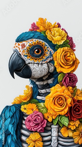 Colorful skeleton parrot adorned with vibrant flowers against a white background.