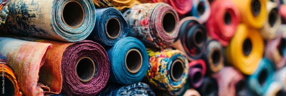 A vibrant display of rolled fabrics showcasing various colors and patterns, perfect for sewing and crafting enthusiasts. A vibrant display of rolled fabrics showcasing various colors and patterns, perfect for sewing and crafting enthusiasts.
