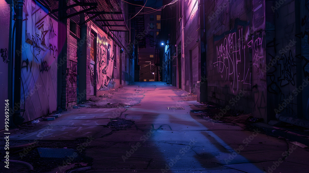 A dark alleyway with graffiti on the walls and a neon sign in the background