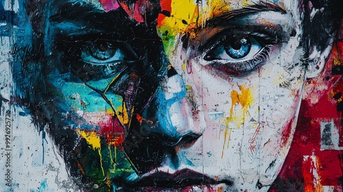 Abstract faces and human figures blending with bold street art, colorful paint splashes