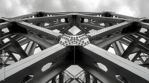 A Black and White Photograph of a Metal Bridge Structure, Showing the Interlocking Beams and Rivets, Capturing the Strength and Engineering of the Structure