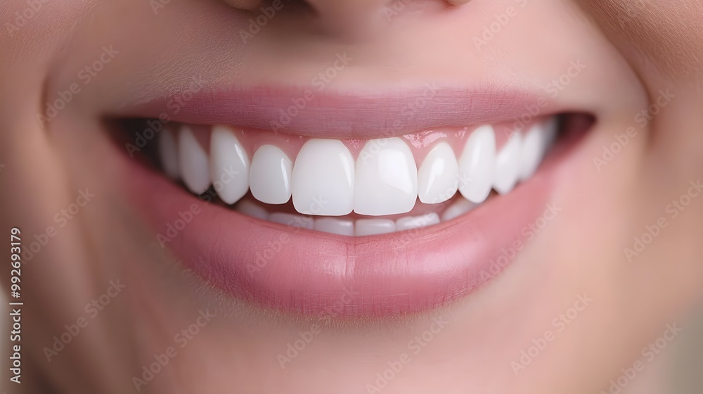 Fototapeta premium A close-up of a smiling person's mouth showcasing bright, white teeth and soft lips, emphasizing dental health and confidence.