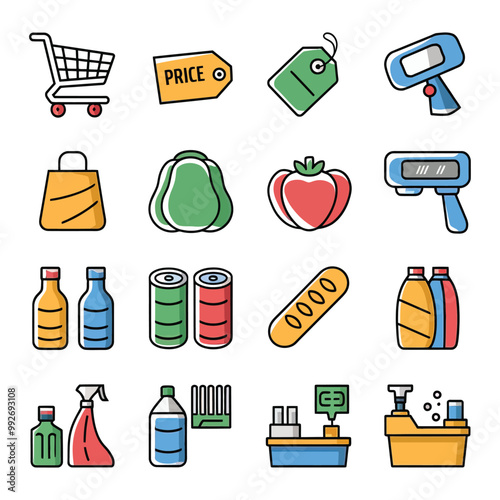 illustrations vector sale offer supper market items icon  for juice and basket ,label ,price , fruits , others 
