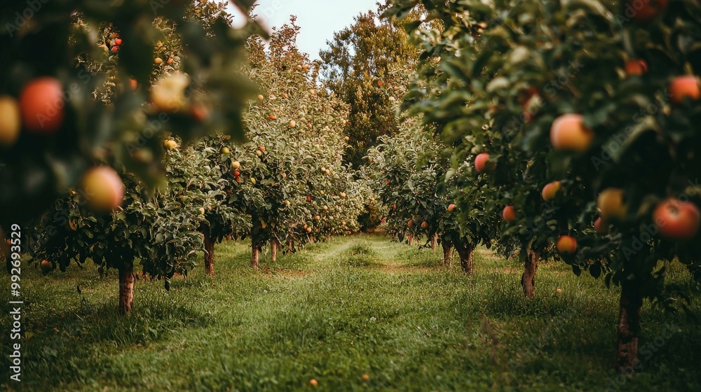 Fototapeta premium A panoramic view of an organic apple orchard, with trees heavy with ripe fruit