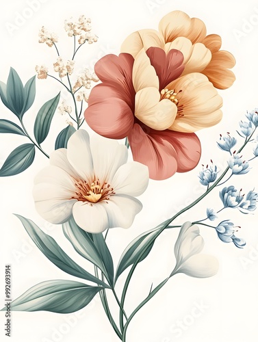 A vibrant illustration of colorful flowers featuring soft peach, white, and blue blooms surrounded by delicate green leaves.