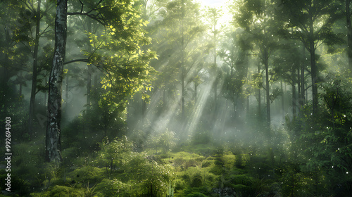 A forest with trees and sunlight shining through the leaves