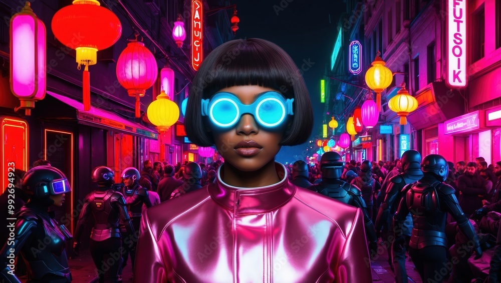 Obraz premium In a vibrant city, a stylish person with striking goggles stands amidst a crowd, lit by colorful neon signs and lanterns, creating a captivating atmosphere