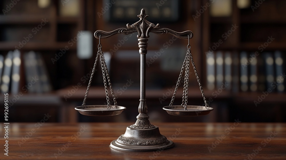 Antique scales of justice on a wooden desk with bookshelves in the background. Antique scales of justice on a wooden desk with bookshelves in the background.