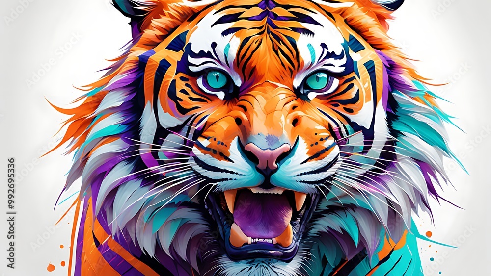 Majestic Tiger in Neon Hues on white background Majestic Tiger in Neon Hues on white background