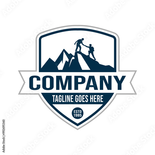 Climber on Mountain Top with Symbol of Cooperation Shield Stamp Emblem Design Adventure Company Logo, Guidance Vector Illustration