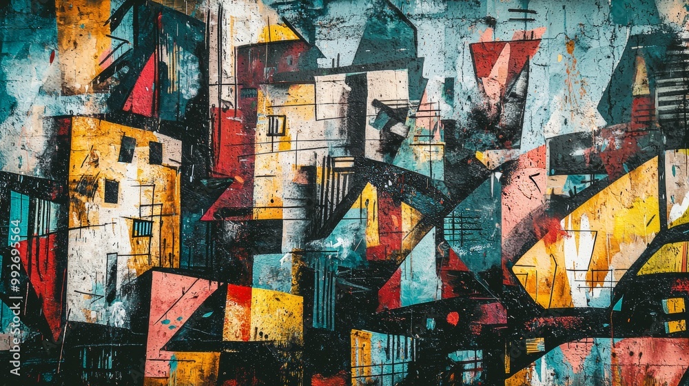 Fototapeta premium Graffiti wall featuring abstract cityscapes, bold outlines of buildings blending with chaotic street art patterns