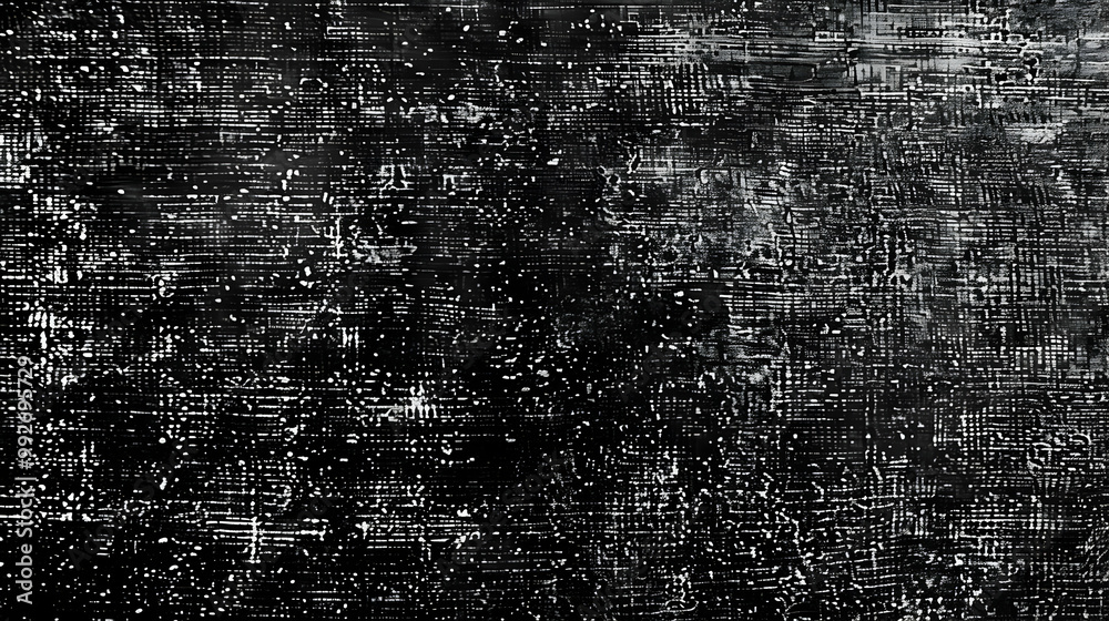Obraz premium Abstract Black and White Grunge Texture with a Distressed and Rough Appearance, Featuring a Densely Patterned Background with White Lines and Dots, Suitable for Design and Art Applications