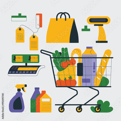 illustrations vector sale offer supper market items icon  for juice and basket ,label ,price , fruits , others 

