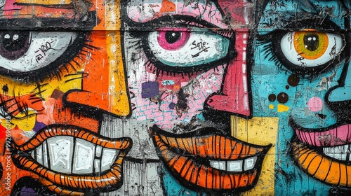 Graffiti wall with large faces and exaggerated expressions, bold colors and textured backgrounds