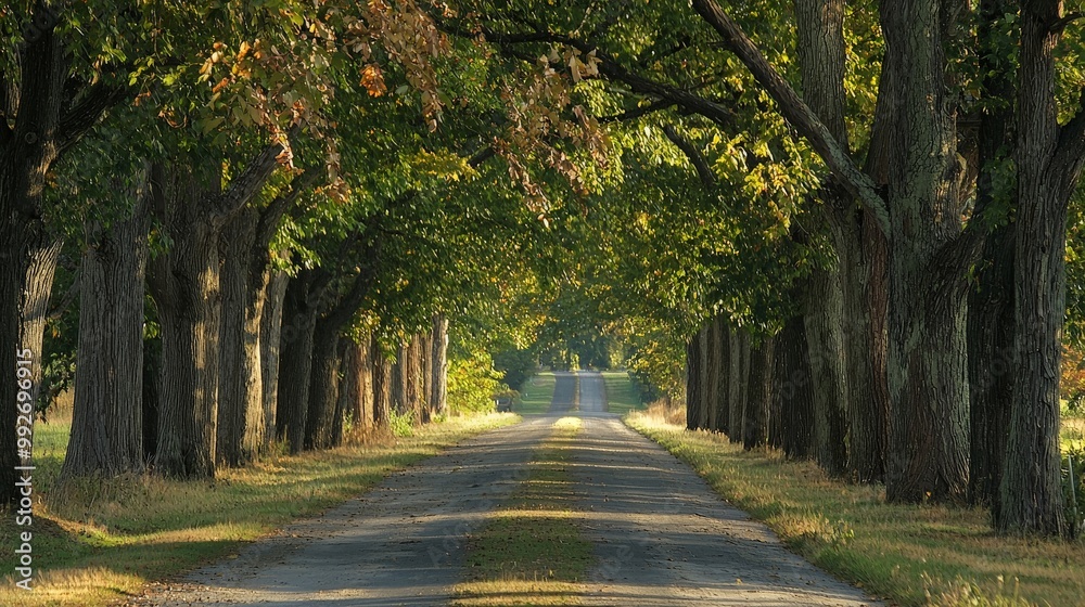 Fototapeta premium A quiet country road lined with tall trees, their leaves forming a canopy overhead