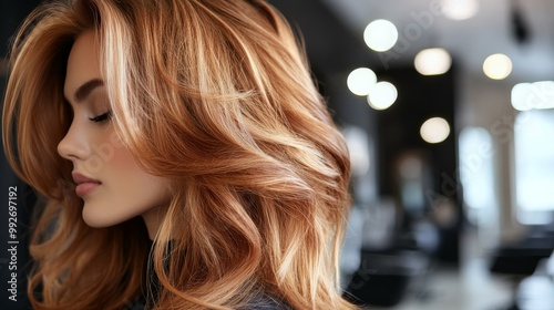 A profile view of a woman with voluminous, wavy, golden-hued hair in a stylish setting, showcasing beauty and elegance.