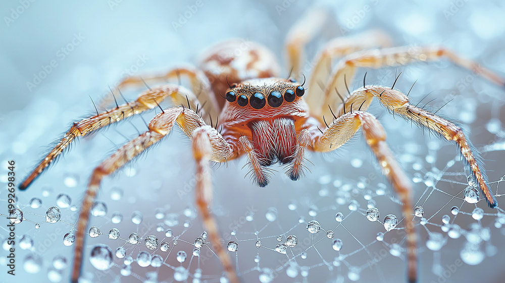 A close-up of a spider on its web, with dew droplets like pearls. Its outstretched legs show fine bristles, and its earthy-toned body contrasts elegantly with the silvery web strands. A close-up of a spider on its web, with dew droplets like pearls. Its outstretched legs show fine bristles, and its earthy-toned body contrasts elegantly with the silvery web strands.