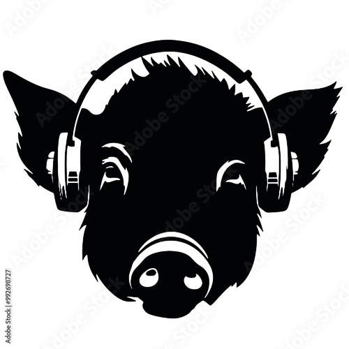 cool pig wearing   headphones silhouette vector illustration transparent background