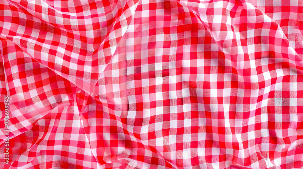 Red and White Checkered Fabric with Crinkled and Folded Texture for Backgrounds or Patterns