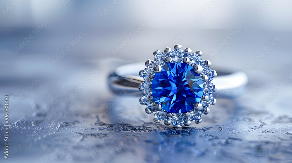 A blue sapphire is displayed on a white surface high res Neelam stone, Beautiful ring