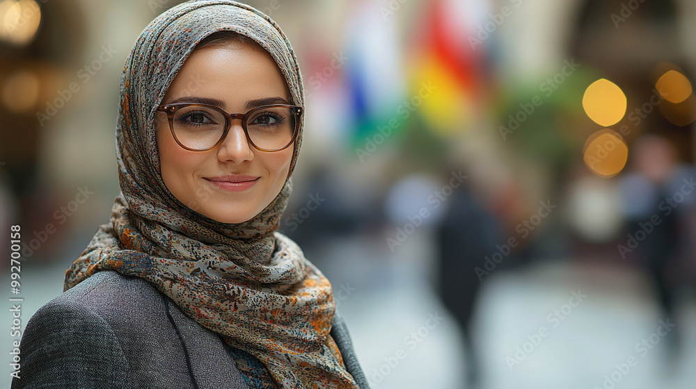 A confident woman wearing a hijab and glasses, smiling in an urban setting with blurred background flags. A confident woman wearing a hijab and glasses, smiling in an urban setting with blurred background flags.