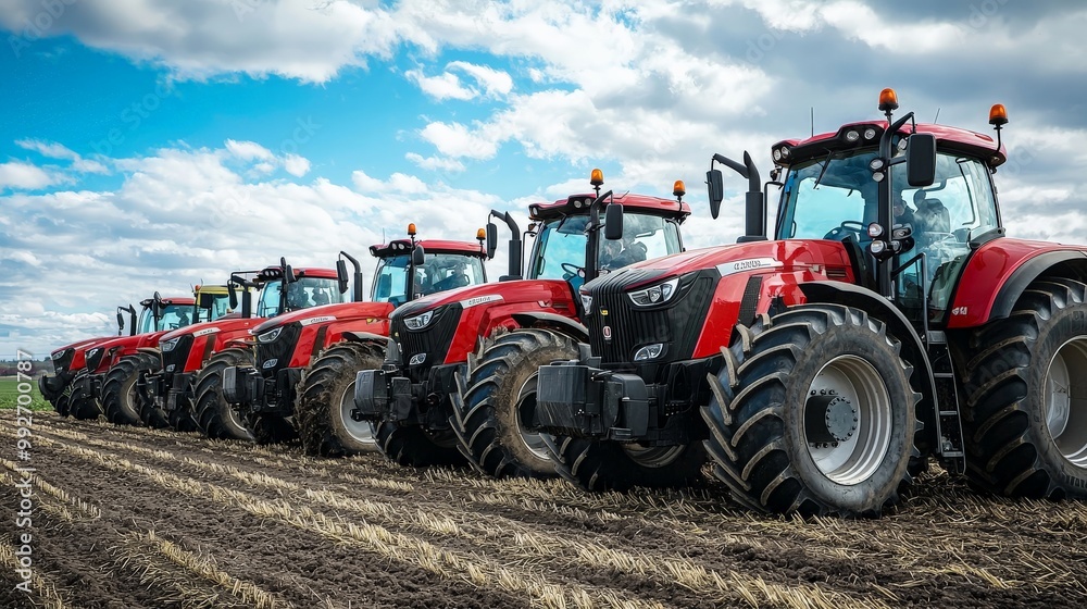 A row of modern tractors lined up in a field, ready for a day of intensive farming operations A row of modern tractors lined up in a field, ready for a day of intensive farming operations