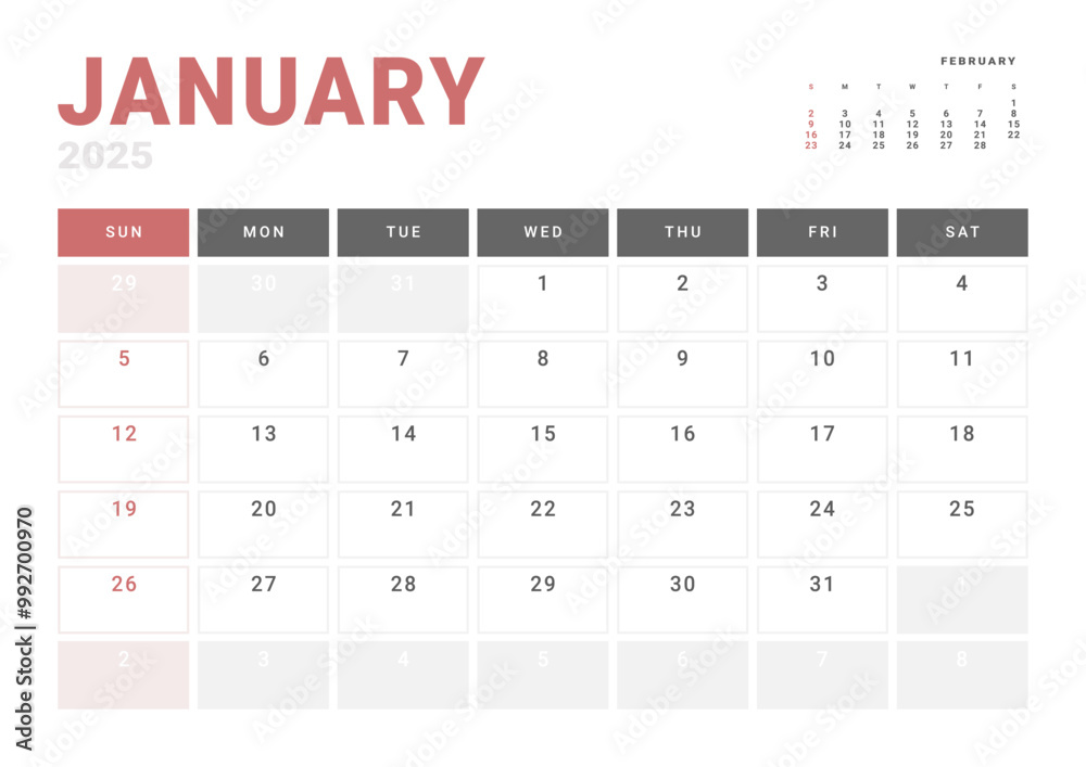 Monthly page Calendar Planner Template of January 2025. Vector layout of calendar with week start Monday for Scheduling. Page for size A4 or 21x29.7 cm Monthly page Calendar Planner Template of January 2025. Vector layout of calendar with week start Monday for Scheduling. Page for size A4 or 21x29.7 cm