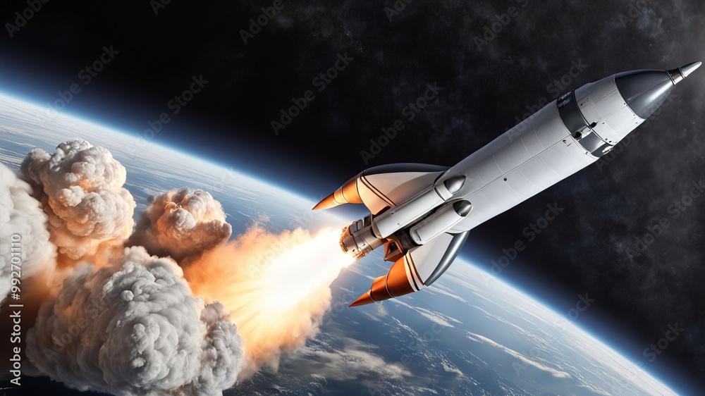 Obraz premium Realistic image of a rocket that flies into space. World Space Week.