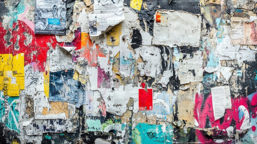 Fototapeta premium Urban graffiti wall with layered street art, featuring old posters torn away