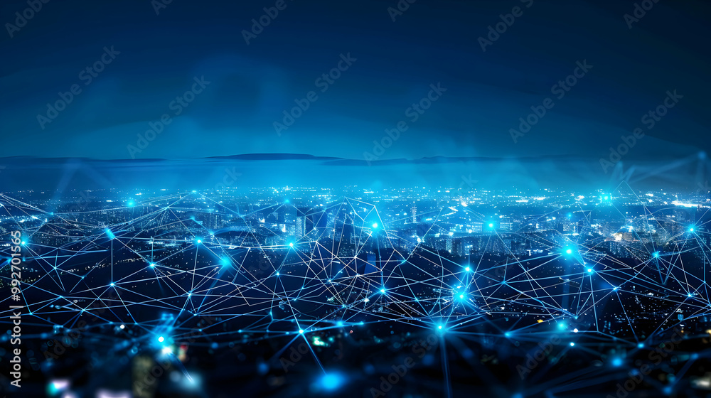 Fototapeta premium Abstract Digital Network Connecting City Lights at Night, A Digital Art Representation of Modern Technology and Connectivity