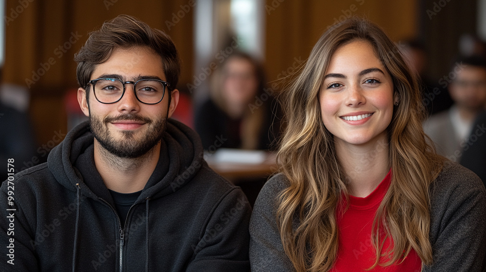 A happy young couple smiling at the camera, showcasing friendship and positive energy in a casual setting. A happy young couple smiling at the camera, showcasing friendship and positive energy in a casual setting.