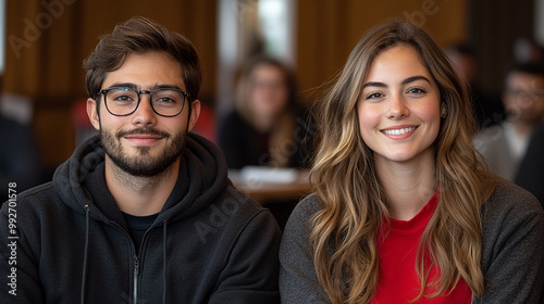 A happy young couple smiling at the camera, showcasing friendship and positive energy in a casual setting.