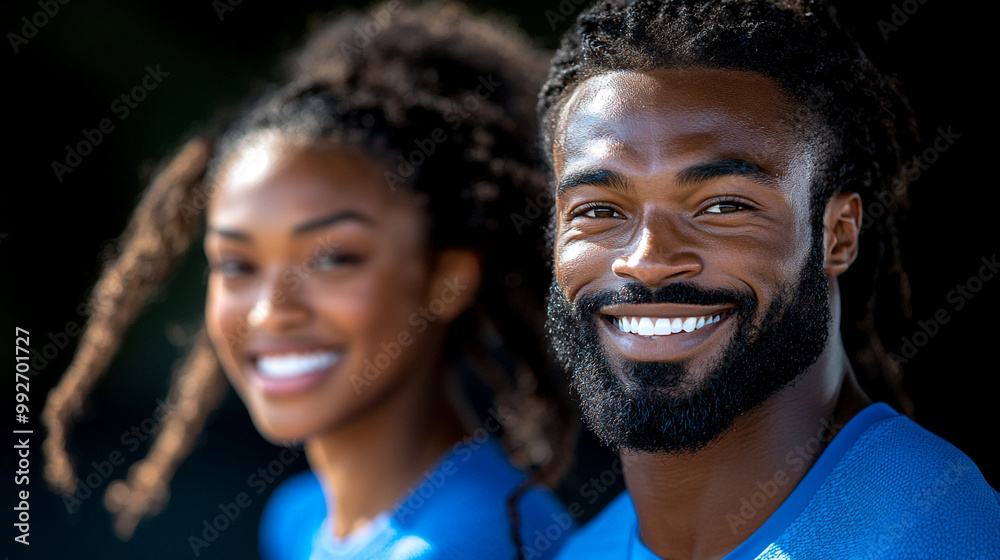 A joyful couple smiles brightly, showcasing happiness and connection in a vibrant outdoor setting. A joyful couple smiles brightly, showcasing happiness and connection in a vibrant outdoor setting.
