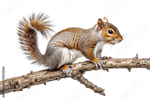 squirrel perched on a branch, set against a transparent background