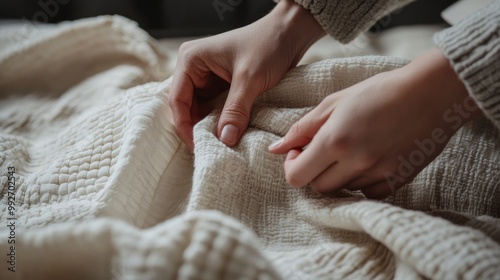 A pair of hands adjusts a cozy, textured blanket, creating a warm and inviting atmosphere. photo