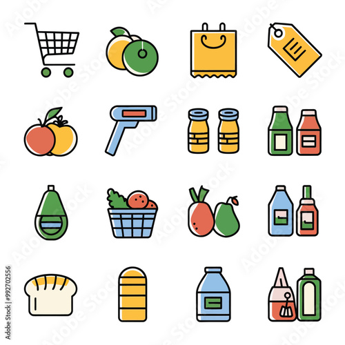 illustrations vector sale offer supper market items icon  for juice and basket ,label ,price , fruits , others 
