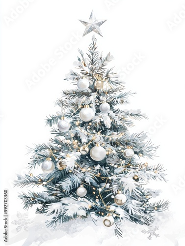 Winter Wonderland Christmas Tree: A 2D illustration of a Christmas tree set in a winter wonderland theme, with snow-covered branches