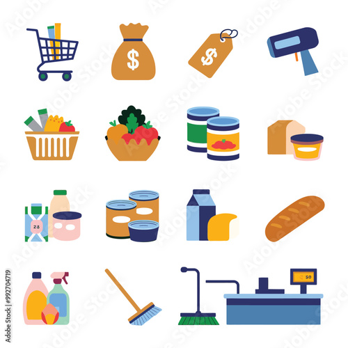 illustrations vector sale offer supper market items icon  for juice and basket ,label ,price , fruits , others 
