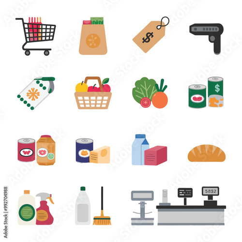 illustrations vector sale offer supper market items icon  for juice and basket ,label ,price , fruits , others 
