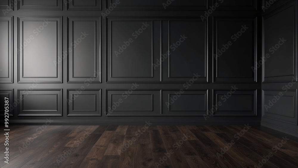 This minimalist background features dark paneled walls and a sleek wooden floor, creating a modern and sophisticated atmosphere with sharp contrasts and clean lines. This minimalist background features dark paneled walls and a sleek wooden floor, creating a modern and sophisticated atmosphere with sharp contrasts and clean lines.