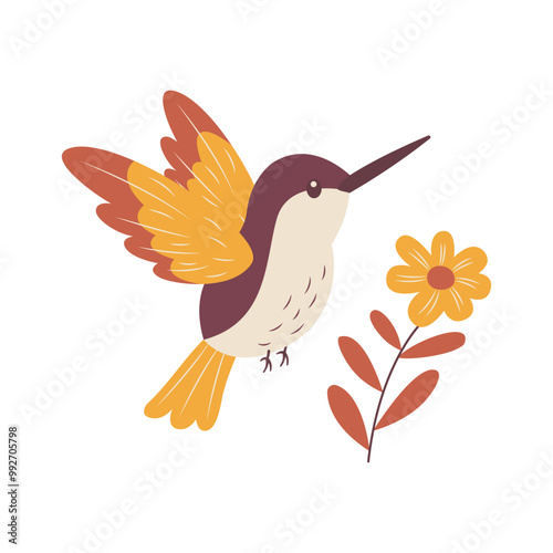 Cute Hummingbird Colibri Bird Flying with Flower Floral in Nature Park