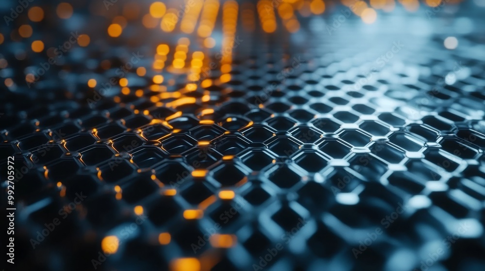 Obraz premium A close-up image of a textured surface featuring a honeycomb pattern illuminated by warm orange lights, creating an intriguing visual contrast.