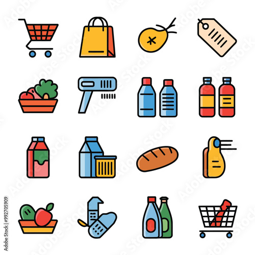 illustrations vector sale offer supper market items icon  for juice and basket ,label ,price , fruits , others 
