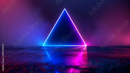 A Glowing Blue and Pink Neon Triangle Stands on a Reflective Surface with a Blurred Background