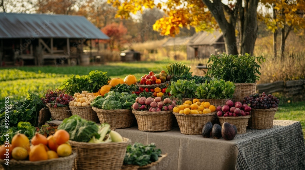 A Thanksgiving harvest table featuring baskets of freshly picked vegetables, fruits, and herbs, set on a farm with a backdrop of barns and autumn trees A Thanksgiving harvest table featuring baskets of freshly picked vegetables, fruits, and herbs, set on a farm with a backdrop of barns and autumn trees